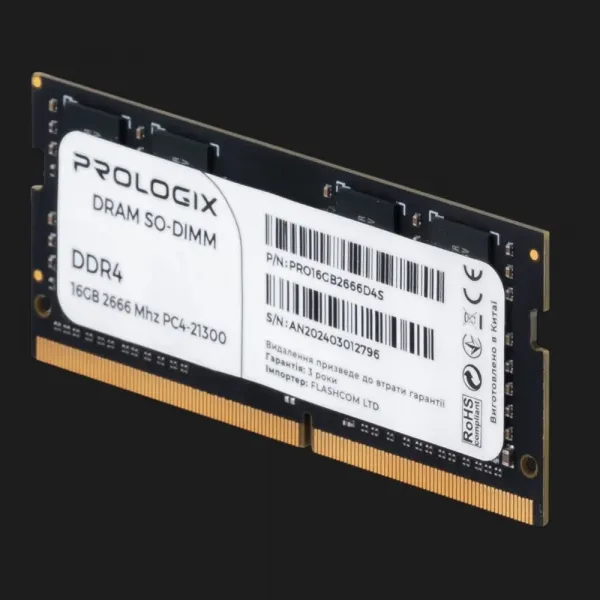 Оперативна памʼять Prologix SO-DIMM DDR4 16GB 1x16GB 2666MHz (PRO16GB2666D4S)