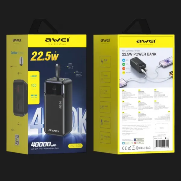 Зарядний пристрій Power Bank AWEI PA-105 40000mAh 22,5W PD 2xUSB-C 2xUSB-A