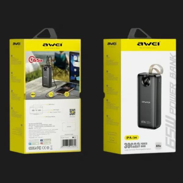 Зарядний пристрій Power Bank AWEI PA-34 30000mAh 65W Fast charging