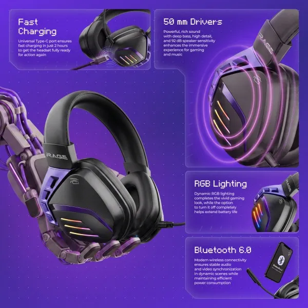 Бездротова ігрова гарнітура Proove Gaming Rage (APP) (Black/Purple) (UA)