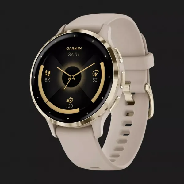 Garmin Venu 3S Soft Gold Stainless Steel Bezel with French Gray Case and Silicone Band
