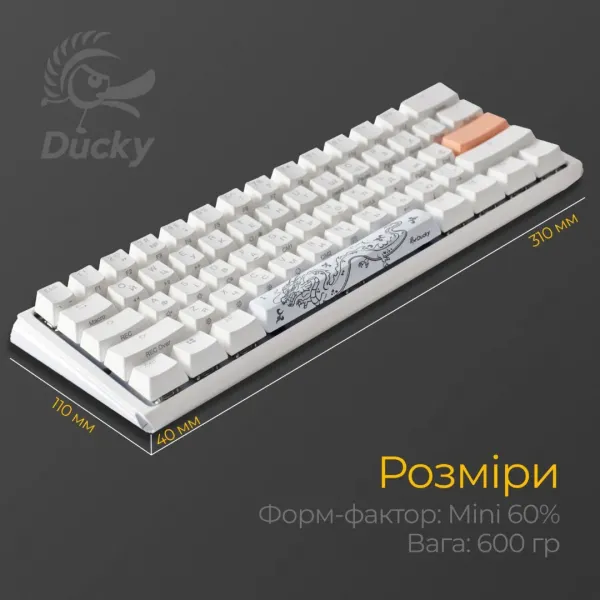 Клавіатура ігрова Ducky One 3 Mini Cherry MX Red RGB (White) (UA)